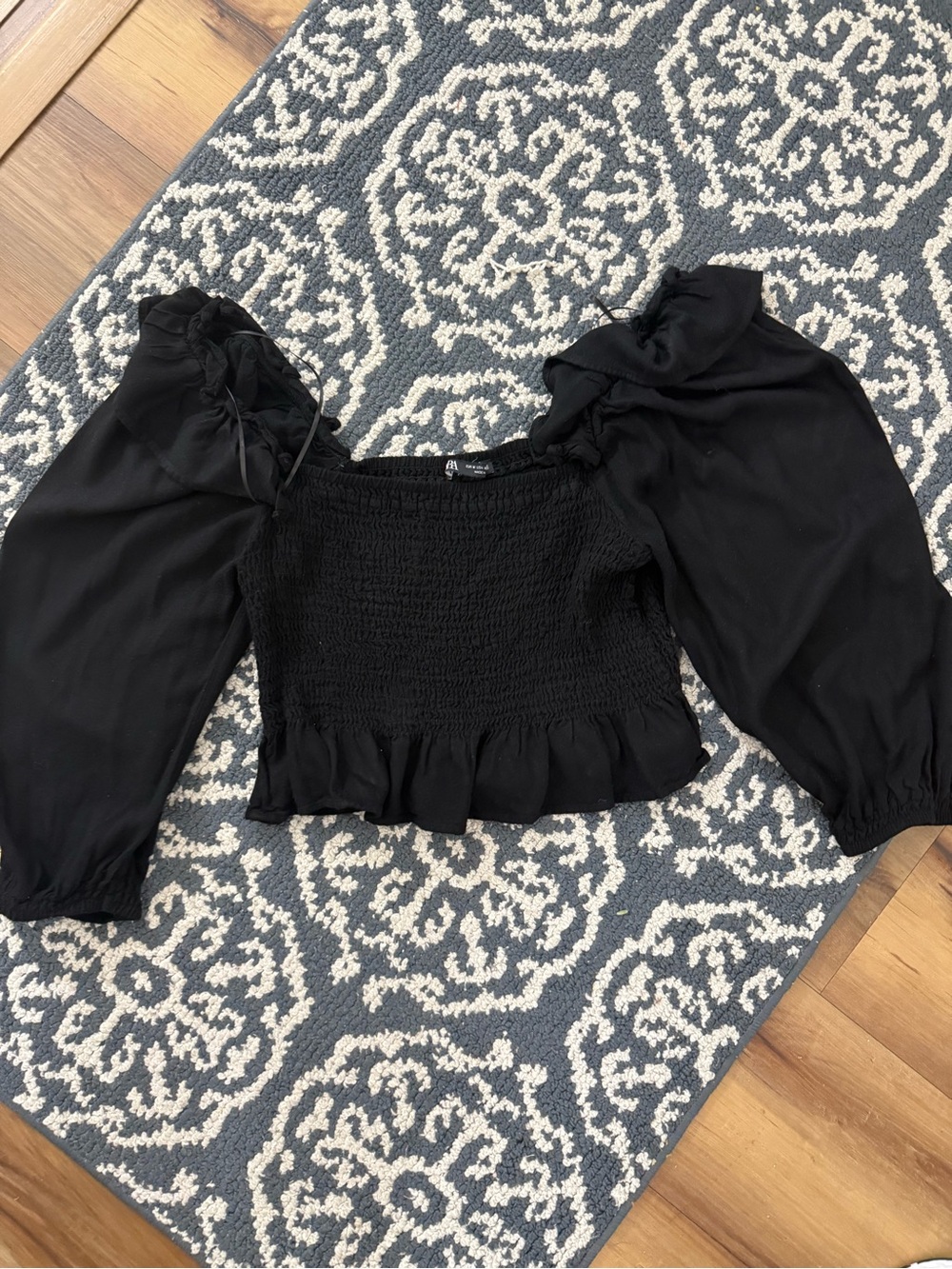 Zara Black Smocked Puff-Sleeve Crop Top